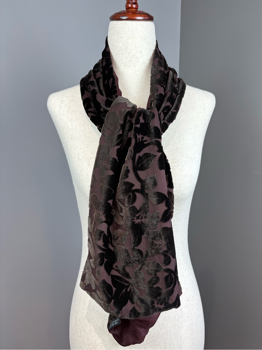 Silk Velvet Burnout Scarf Deep Brownish Burgundy 10x56 Stunning Soft & Shimmery